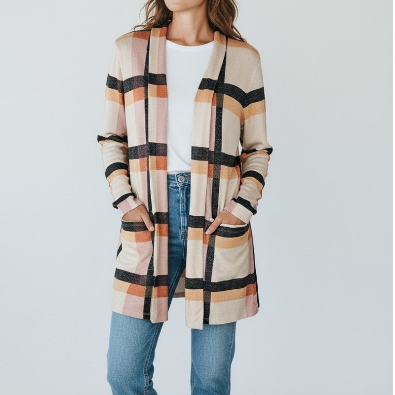 Bobeau Multicolor Plaid Pocketed Long Sleeve Cardigan Women's Size Xs Nwot